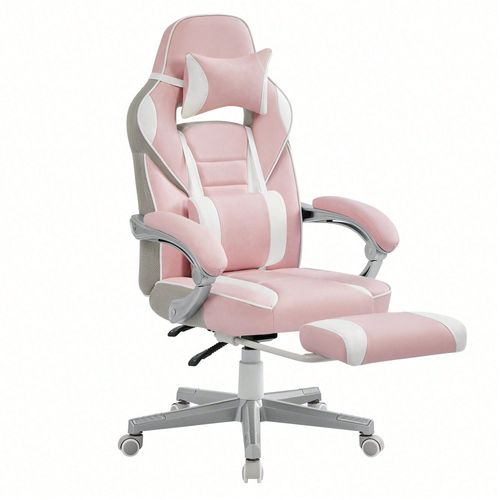 Fauteuil De Bureau, Réglable, Repose-Pieds Télescopique, Mécanisme À Bascule, Appui-Tête, Rose Bonbon Et Blanc Crème