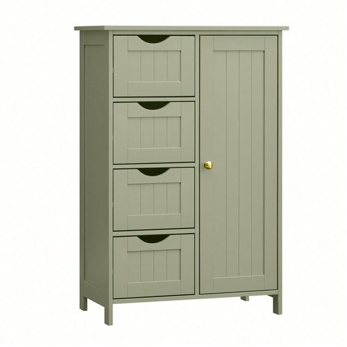 Meuble Salle De Bain Rangement, Armoire Gain De Place, Commode, Avec 4 Tiroirs, Placard Avec Porte, Étagère Réglable, 30 X 55 X 82 Cm, Vert Forêt