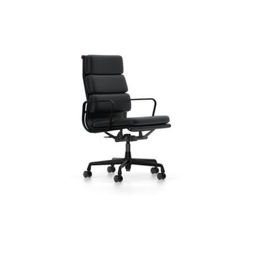 Vitra - Chaise En Aluminium - Soft Pad - Ea 219 - Noir Profond - Cuir Nero - Roulettes Pour Tapis De Sol  - Noir