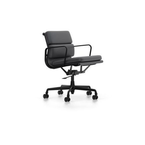 Vitra - Chaise En Aluminium - Soft Pad - Ea 217 - Noir Profond - Cuir Asphalte - Roulettes Pour Tapis De Sol  - Gris