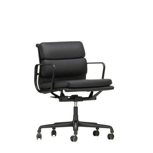Vitra - Chaise En Aluminium - Soft Pad - Ea 217 - Noir Profond - Cuir Nero - Roulettes Pour Sols Durs  - Noir