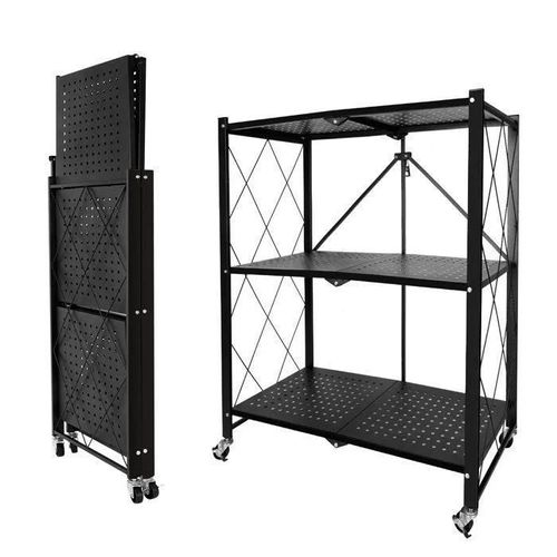 Meuble De Rangement Pliable - 3 Étagères - Métal Noir - 4 Roulettes Verrouillables