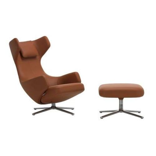 Vitra - Fauteuil Grand Repos & Ottoman Nouvelle Édition - Aluminium Poli - Cuir Premium F Cognac - Hauteur Du Siège 40 Cm - Marron