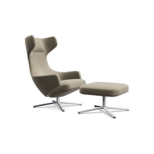Vitra - Fauteuil Grand Repos & Ottoman Nouvelle Édition - Poli - Cuir Premium F Sable - Hauteur Du Siège 45 Cm - Beige