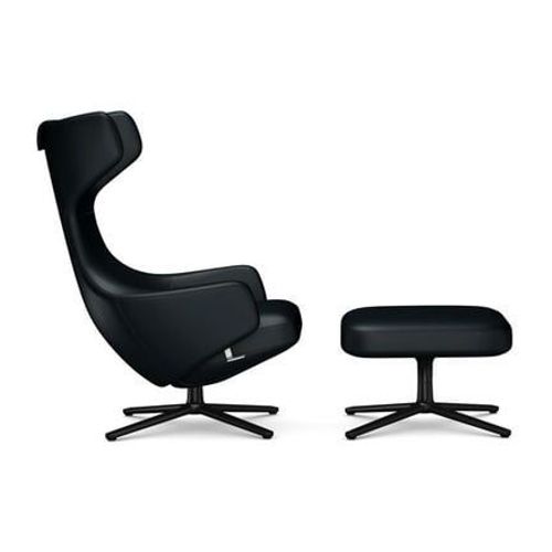 Vitra - Fauteuil Grand Repos & Ottoman Nouvelle Édition - Noir - Cuir Couture Contraste 66 Nero - Hauteur Du Siège 40 Cm - Noir