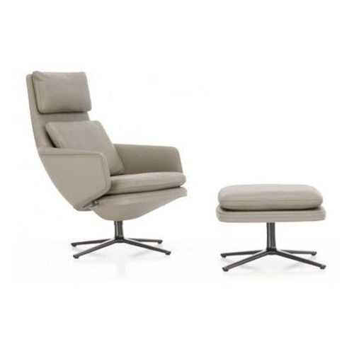 Vitra - Grand Relax Avec Ottoman - Cuir Sable - Noir Basique Enduit De Poudre - Beige