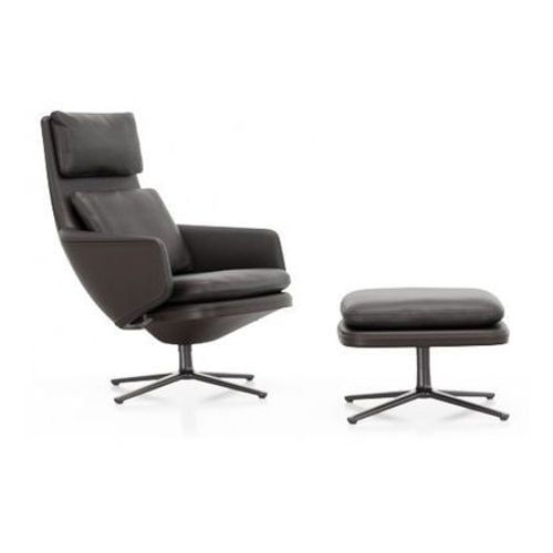 Vitra - Grand Relax Avec Ottoman - Cuir Chocolat - Noir Basique Enduit De Poudre - Marron