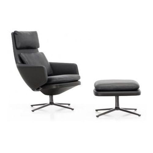 Vitra - Grand Relax Avec Ottoman - Cuir Noir - Noir Basique Enduit De Poudre - Noir