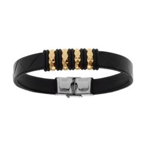 Bracelet Acier Et Cuir Bovin Noir Motif Doré 21.5cm Réglable