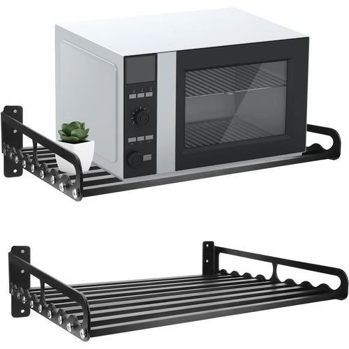 Étagère Murale Pour Four À Micro-Ondes, Support Mural Micro Onde En Aluminium Avec 5 Crochets, 2 Niveaux Etagere Micro Ondes Murale, Support De Four À Micro-Ondes Noir 50X40Cm[MAC2046]