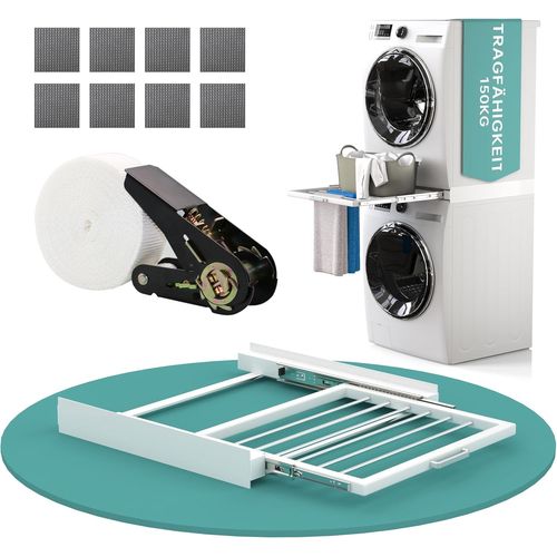 Cadre Intermédiaire Avec Fond Extensible Pour Machines À Laver Et Sèche-Linge Cadre Intermédiaire Avec Corde À Linge En Acier (Avec Sangle D'Arrimage) Blanc[MAC0707]