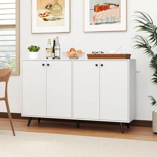 Costway Buffet De Cuisine Commode Meuble De Rangement Avec 4 Portes, 2 Étagères Réglables Pour Cuisine, Salon 127,5x38x80 Cm Blanc