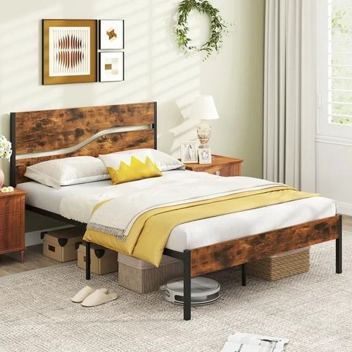 Costway Lit Double Adulte 140 X 200cm, Tête Et Pied De Lit En Bois, Lattes En Métal, Espace Sous Lit, Structure De Lit Charge 360kg