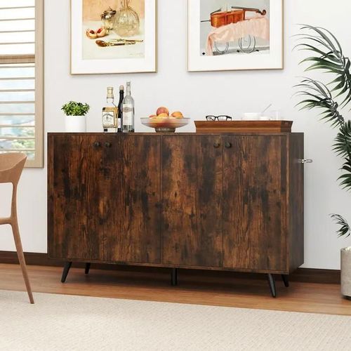 Costway Buffet De Cuisine Commode Meuble De Rangement Avec 4 Portes, 2 Étagères Réglables Pour Cuisine, Salon 127,5x38x80cm Marron