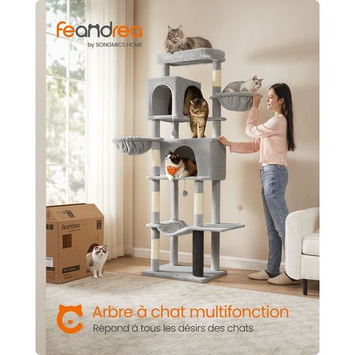Grand Arbre À Chat, Tour À Chat De 190,7 Cm De Haut, Avec 2 Niches, 2 Paniers, 5 Griffoirs, Toilettage Autonome, Perchoir, Hamac, Gris Tourterelle