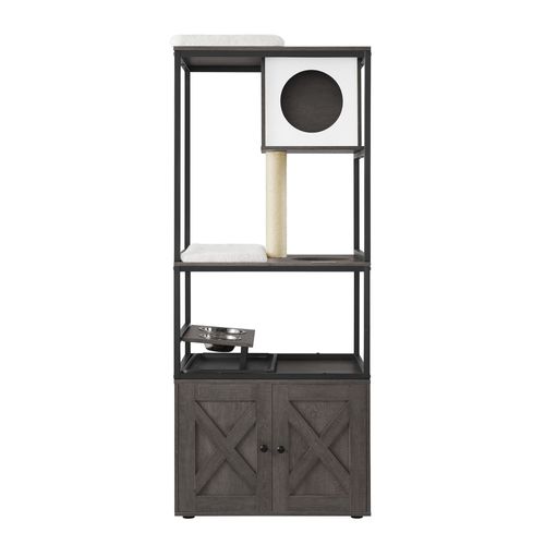 Arbre À Chat, Maison Pour Chat Avec Cache-Litière, Gamelles Surélevées, Poteau À Griffer En Sisal, Tapis Lavables, Gris Brumeux