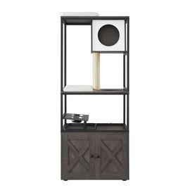 Arbre À Chat, Maison Pour Chat Avec Cache-Litière, Gamelles Surélevées, Poteau À Griffer En Sisal, Tapis Lavables, Gris Brumeux