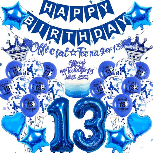 CMJAAGUR-Decoration Anniversaire 13 Ans Fille Garçon - Décoration Banderole Happy Birthday Guirlande Nombre Ballons, Foil Ballon Joyeux Anniversaire Déco De Gâteau Pour 13E Fête Déco (Bleu)[M2512]