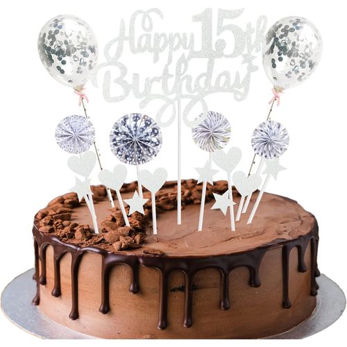 CMJAAGUR-Décoration De Gâteau Garçon 15E Anniversaire Hello 15 Cake Topper Bleu Avec Coeur Étoile Ballon Décoration De Gâteau 15E Anniversaire Fille Joyeux 15E Anniversaire Décoration De Gât[M2732]