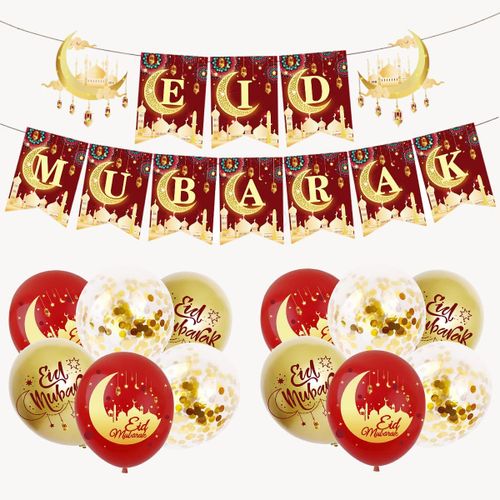CMJAAGUR-Ensemble De Décorations De L'Aïd Pour La Maison, Bannière Rouge Et Dorée De L'Aïd Mubarak Et 12 Ballons Décoratifs Pour L'Aïd Mubarak, Décorations De Fête Musulmane Islamique Pour R[M2736]