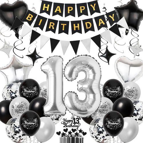 CMJAAGUR-Decoration Anniversaire Garçon 13 Ans Ballons - Noir Argenté Décoration Banderole Happy Birthday Nombre Ballon, Tourbillons Guirlande Joyeux Anniversaire Pour Une 13E Fête Déco[M1706]