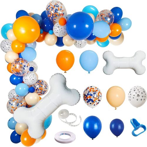 CMJAAGUR-Ballon Patte De Chien, 117 Arche De Ballons Latex Orange Et Bleu Décoration Anniversaire, Ballon En Forme D'Aluminium Forme D Os Beige, Ensemble De Ballons À Thème De Fête Avec Chaî[M1515]