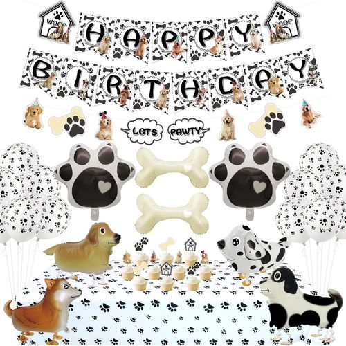 CMJAAGUR-Décorations De Fête À Thème Chien, Bannière De Chien Happy Birthday, Ensemble De Ballons Let'S Pawty, Patte Et Os Pour La Fête D'Anniversaire Des Enfants Chiot Chiot[M1969]