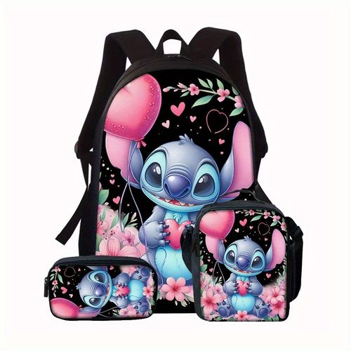 Ensemble de 3 sacs à dos Stitch, sac d'ecole unisexe en tissu Oxford avec boîte à lunch, grande capacité, lavable à la main, ideal pour les trajets quotidiens, cadeau de Saint-Vale