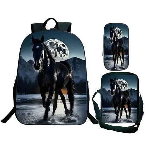 Sac à dos d'etudiant 16 pouces, motif animal amusant, cheval, cartable, sac à dos de loisirs, sacoche, trousse, ensemble de 3 pieces, cadeau