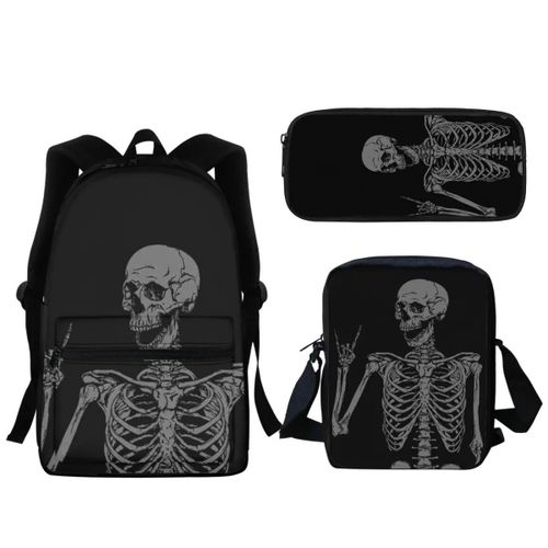Sac à dos d'ecole pour enfants, motif squelette noir, imprime, style gothique, fermeture éclair, pour garcons et filles, 3 pieces, cartable de maternelle, trousse à crayons