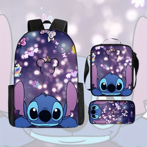 Sac à dos Stitch 3 pieces ¿ Motif papillon et fleurs violets rêveurs, léger avec bretelles réglables, fermeture éclair, sac bandoulière et trousse inclus, polyester imperméable, id