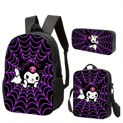 Ensemble de trois sacs à dos de haute qualité pour la rentrée scolaire Kuromi Sanrio Sac d'ecole pour homme adapté aux hommes et aux femmes, léger et durable, sac à bandoulière neu