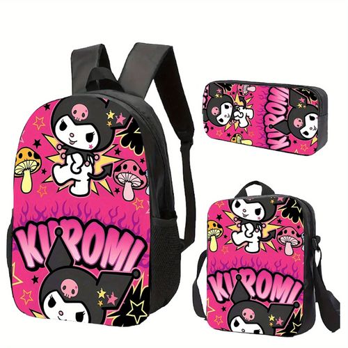 Ensemble de trois sacs à dos de haute qualité pour la rentrée scolaire Kuromi Sanrio Sac d'ecole pour homme adapté aux hommes et aux femmes, léger et durable, sac à bandoulière neu