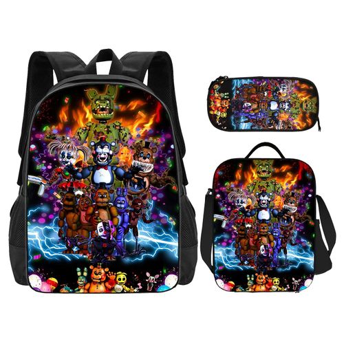 Five Night Bear Ensemble trois pieces Sac à dos et boîte à lunch Crayon Sac à dos grande capacité Sac à dos fonctionnel