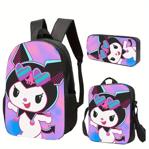 Ensemble de trois sacs à dos de haute qualité pour la rentrée scolaire Kuromi Sanrio Sac d'ecole pour homme adapté aux hommes et aux femmes, léger et durable, sac à bandoulière neu