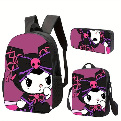 Coffret 3 pieces pour la rentrée, comprenant un sac à dos Kuromi Sanrio de haute qualité. Ce sac à dos unisexe pour hommes et femmes est résistant, léger et doté de poches intérieu