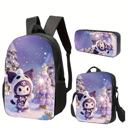 Coffret 3 pieces pour la rentrée, comprenant un sac à dos Kuromi Sanrio de haute qualité. Ce sac à dos unisexe pour hommes et femmes est résistant, léger et doté de poches intérieu