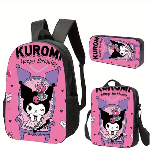 Ensemble de trois sacs à dos de haute qualité pour la rentrée scolaire Kuromi Sanrio Sac d'ecole pour homme adapté aux hommes et aux femmes, léger et durable, sac à bandoulière neu