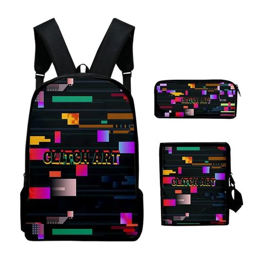 Ensemble de 3 sacs de voyage pour etudiants, sac à dos pour ordinateur portable, sac à bandoulière, trousse à crayons, motif hip-hop, art glitch pour jeunes, impression 3D