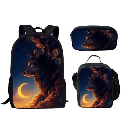 Hip Hop Jeune Animal Loup 3D Impression 3 pieces/ensemble etudiant Sacs de voyage Ordinateur portable Sac à dos Sac à dejeuner Trousse