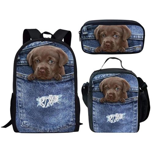 Hip Hop Jeunesse Denim Poche Chat/Chien 3D Impression 3 pieces/ensemble etudiant Sacs de Voyage Ordinateur Portable Sac à Dos Sac à Lunch Trousse