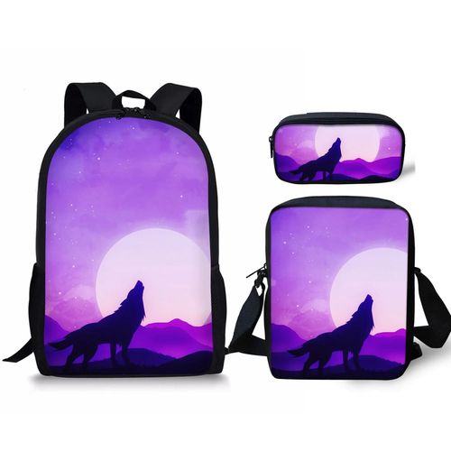 Motif Loup sur la Lune classique imprime 3D 3 pieces/ensemble sacs d'ecole pour élèves sac à dos pour ordinateur portable sac à bandoulière incliné trousse à crayons