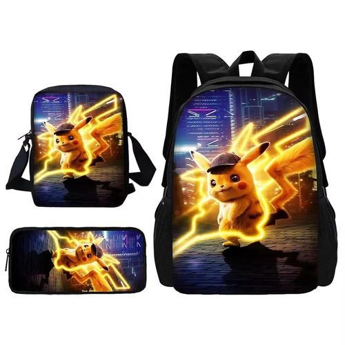 Sac d'ecole P-Pokemons Pikachu pour garcons et filles, avec bandoulière, boîte à crayons, sac à dos de dessin anime pour enfants