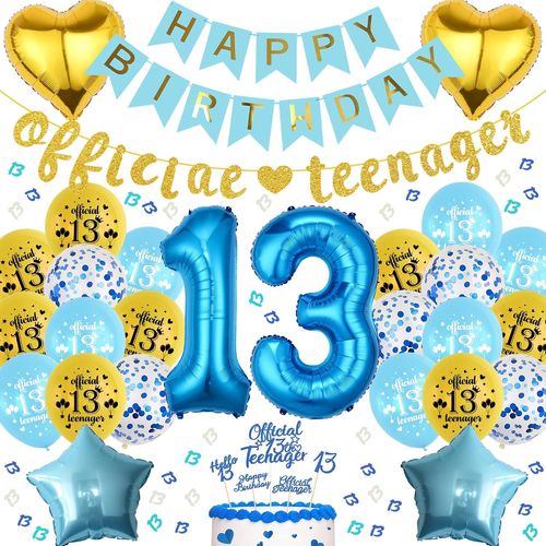 CMJAAGUR-Decoration Ballons Anniversaire 13 Ans - Happy Birthday Official Teenager Banderole Deco Bleu Et Or De Fête, Ballon C?ur Décoration Gâteau Pour Les Garçon De 13E Anniversaire[M1777]