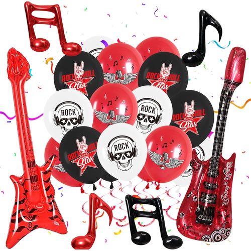 CMJAAGUR-Décorations De Fête Rock And Roll ¿ 42 Ballons En Latex Sur Le Thème De La Musique, Ballons En Aluminium Pour Décoration De Fête Des Années 60, 70, 80, Rouge, Noir, Blanc[M2616]