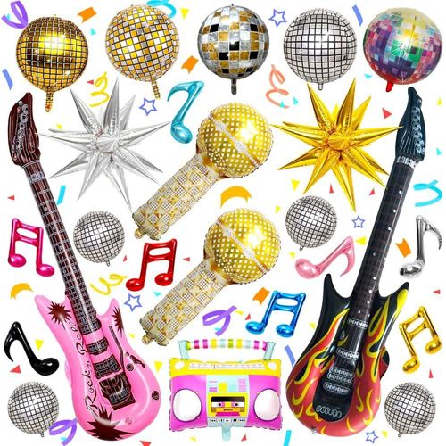 CMJAAGUR-Ballons De Fête Disco, 26Pcs Boule Disco Explosion Étoile Guitare Saxophone Gonflable Microphone Musique Mixte Ballon En Aluminium, Thème Rétro Années 80 90 Hip-Hop Disco Fièvre Fêt[M2909]