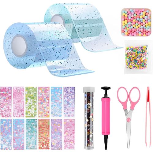 Nano Tape Bubbles Kits for Children,Double-Sided Transparent Bubble Craft Kit,Nano Adhesive Tape for Making Bubbles with Glitter Sticker (Blue + Cyan)