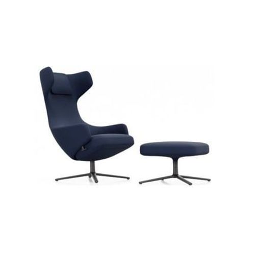 Vitra - Fauteuil Grand Repos & Ottoman Nouvelle Édition - Noir Basique Enduit De Poudre - Cosy2 Point De Croix 21 Bleu Foncé - Hauteur Du Siège 45 Cm - Bleu