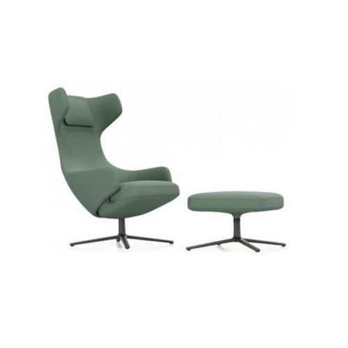 Vitra - Fauteuil Grand Repos & Ottoman Nouvelle Édition - Noir Basique Enduit De Poudre - Cosy2 Point De Croix 17 Vert Roseau - Hauteur Du Siège 45 Cm - Vert