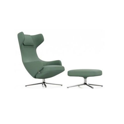 Vitra - Fauteuil Grand Repos & Ottoman Nouvelle Édition - Aluminium Poli - Cosy2 Point De Croix 17 Vert Roseau - Hauteur Du Siège 40 Cm - Vert